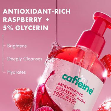 mCaffeine Brightening Body Wash - 300 ml with Fruity Raspberry Fragrance | De-Tans & Deep Cleanses with Vitamin C Rich| 5% Glycerin for Hydrated & Soft Skin | Fragrance Shower Gel for women and men